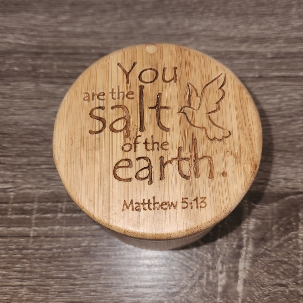 Bamboo Salt Box With Bible Verse and Swivel Lid SEE DESCRIPTION.
